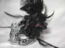 Load image into Gallery viewer, Black with Silver Pattern Swan Masquerade Mask with Feather
