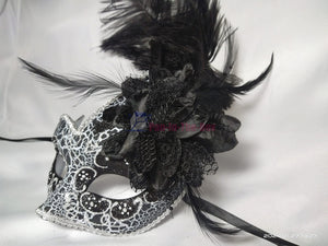 Black with Silver Pattern Swan Masquerade Mask with Feather
