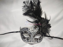 Load image into Gallery viewer, Black with Silver Pattern Swan Masquerade Mask with Feather
