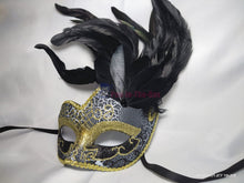 Load image into Gallery viewer, Black with Gold Pattern Swan Masquerade Mask with Feather
