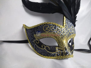 Black with Gold Pattern Swan Masquerade Mask with Feather
