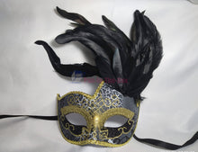 Load image into Gallery viewer, Black with Gold Pattern Swan Masquerade Mask with Feather
