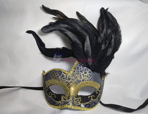 Black with Gold Pattern Swan Masquerade Mask with Feather