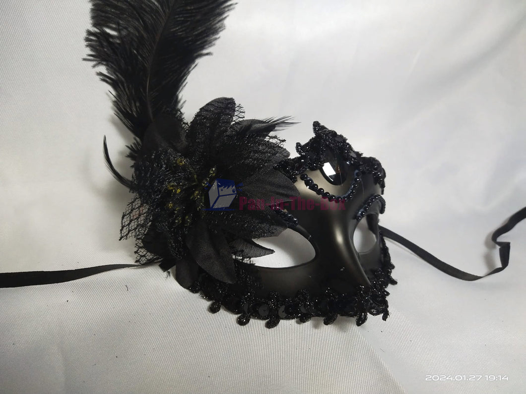 Black Side Lily Flower Masquerade with Feather