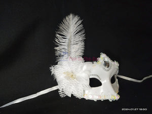 White Side Lily Flower Masquerade Mask with Feather