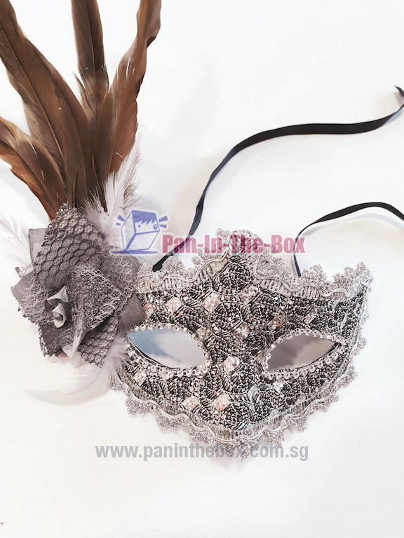 Brown Silver Feather Masquerade Mask