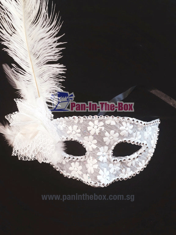 White Feather Masquerade Mask w/Flower