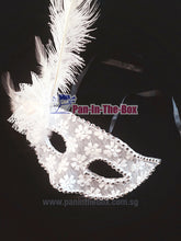 Load image into Gallery viewer, White Feather Masquerade Mask w/Flower
