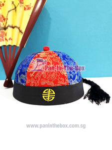 Red//Blue Chinese Round Hat w/black braids