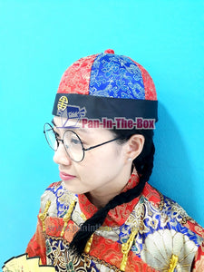 Red//Blue Chinese Round Hat w/black braids